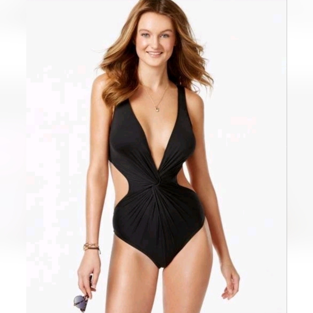 Bar III Twist Front Plunge Neck One Piece Monokini Swimsuit, Black XL